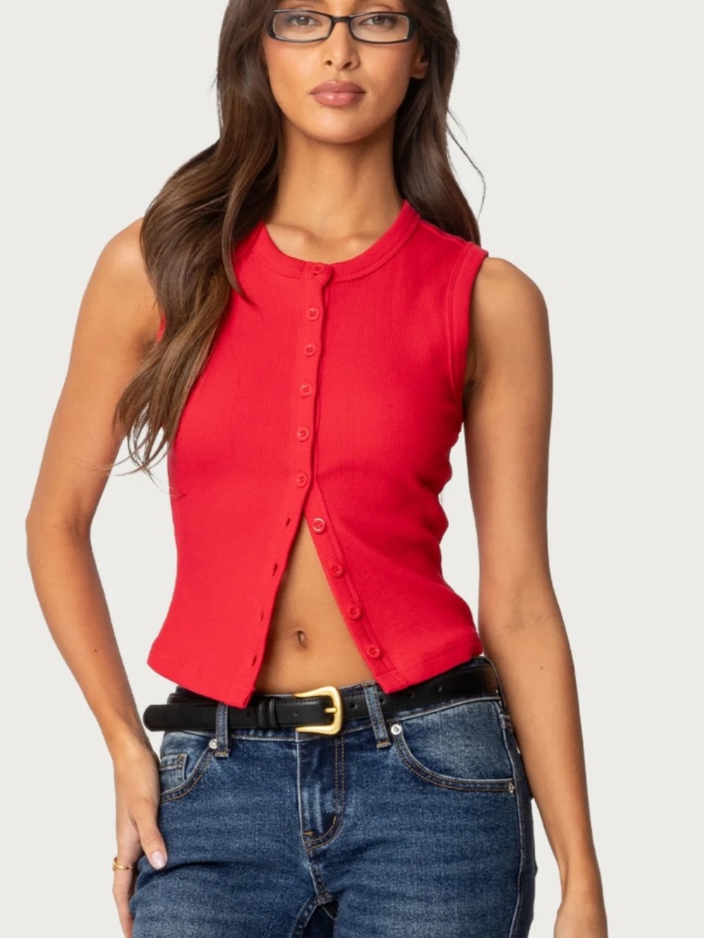 Edikited Red Button-Front Ribbed Tank Top